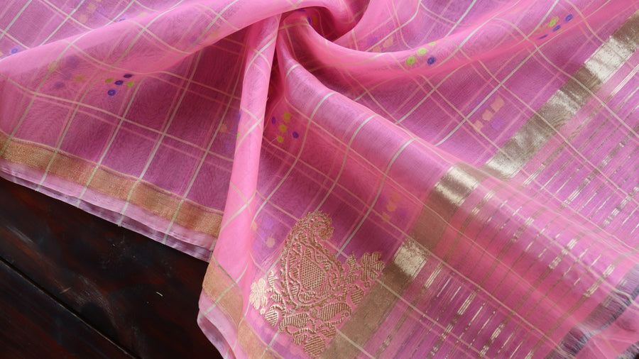 Charkhana check detail on Light Pink pure Kora silk Banarasi dupatta