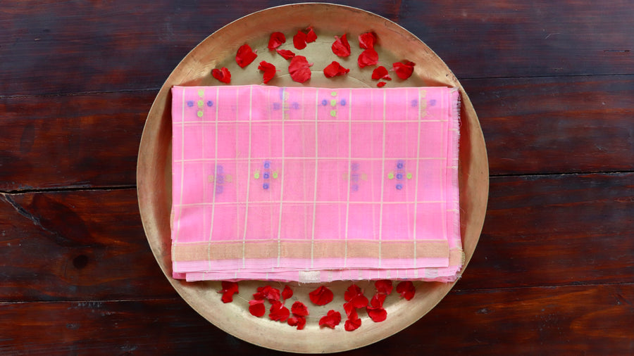 Light Pink pure Kora silk Banarasi dupatta with Charkhana checked composition.