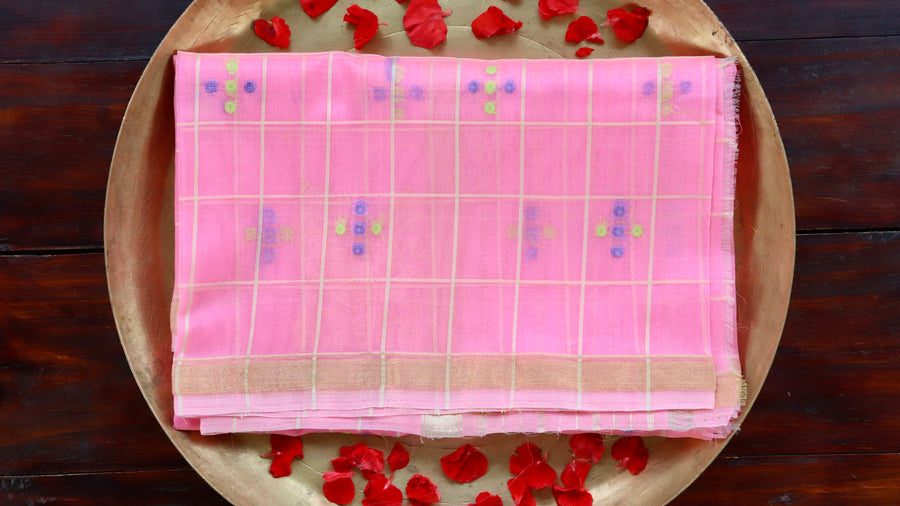 Full drape of Light Pink Charkhana Kora silk Banarasi dupatta
