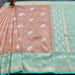 Handloom, Banarasi Handloom Saree, Alfi Saree, Tilfi Saree, Tilfi Saree Banaras, Tilfi, Banarasi Bunkar, Banarasi Bridal Wear, BridalWear, Banarasi Handloom Banarasi Peach & Firozi Kora By Tissue Silk Banarasi Saree Banarasi Saree