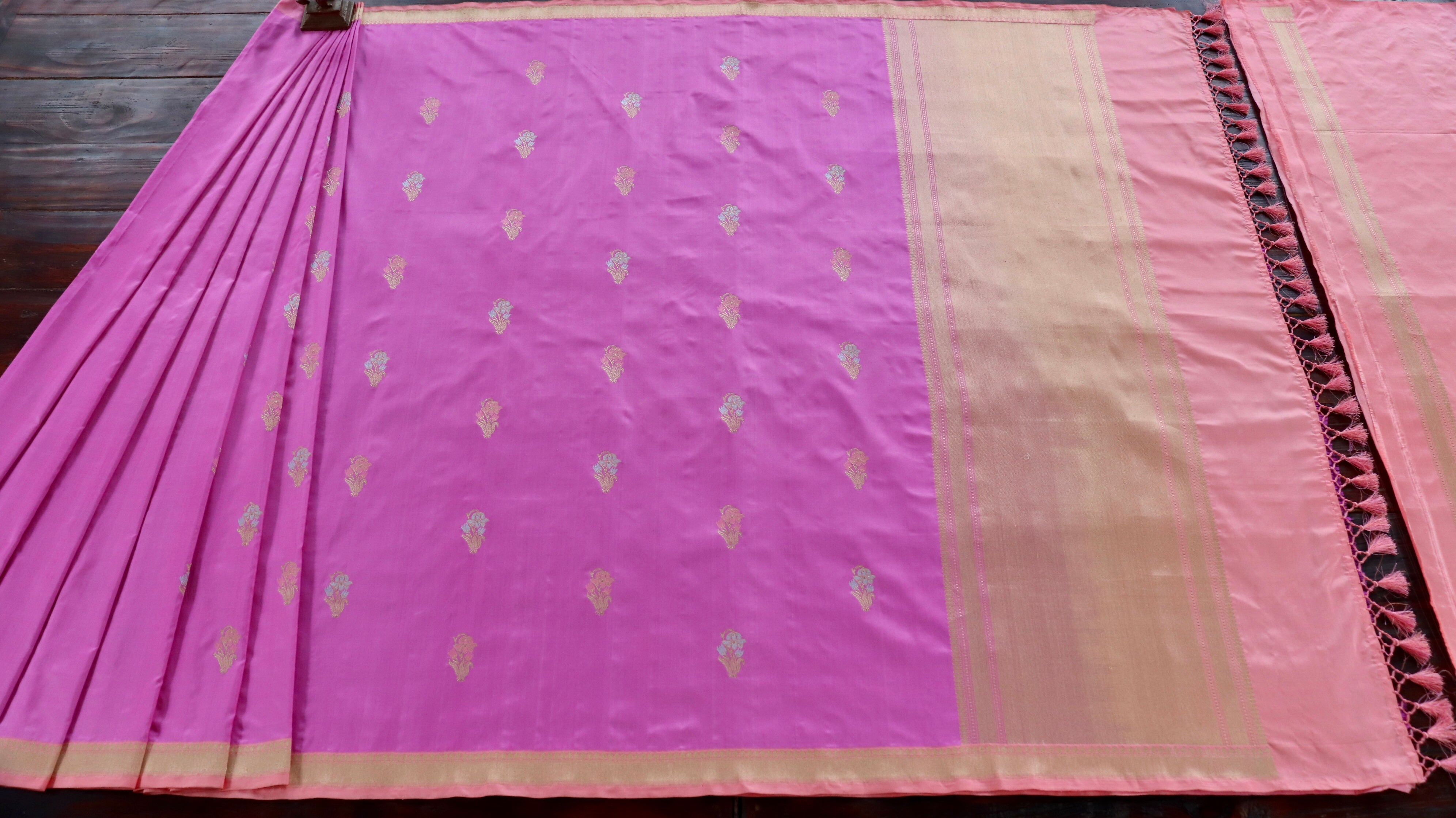 Handloom, Banarasi Handloom Saree, Alfi Saree, Tilfi Saree, Tilfi Saree Banaras, Tilfi, Banarasi Bunkar, Banarasi Bridal Wear, BridalWear, Banarasi Handloom Banarasi Pink Meenadar Nargis Motif Pure Silk Banarasi Handloom Saree Banarasi Saree