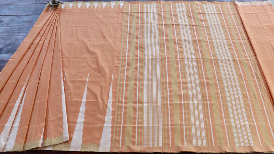 Pallu detail of Peach Ikat Mulberry silk saree