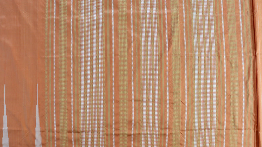 Border close-up on Peach natural-dye Ikat Mulberry silk saree