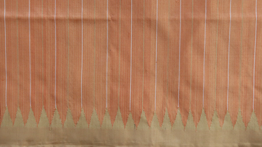 Full drape of Peach natural-dye Ikat Mulberry silk saree