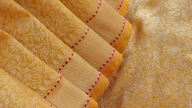 Handloom, Banarasi Handloom Saree, Alfi Saree, Tilfi Saree, Tilfi Saree Banaras, Tilfi, Banarasi Bunkar, Banarasi Bridal Wear, BridalWear, Banarasi Handloom Banarasi Yellow Tanchoi Pure Silk Handloom Banarasi Saree Banarasi Saree