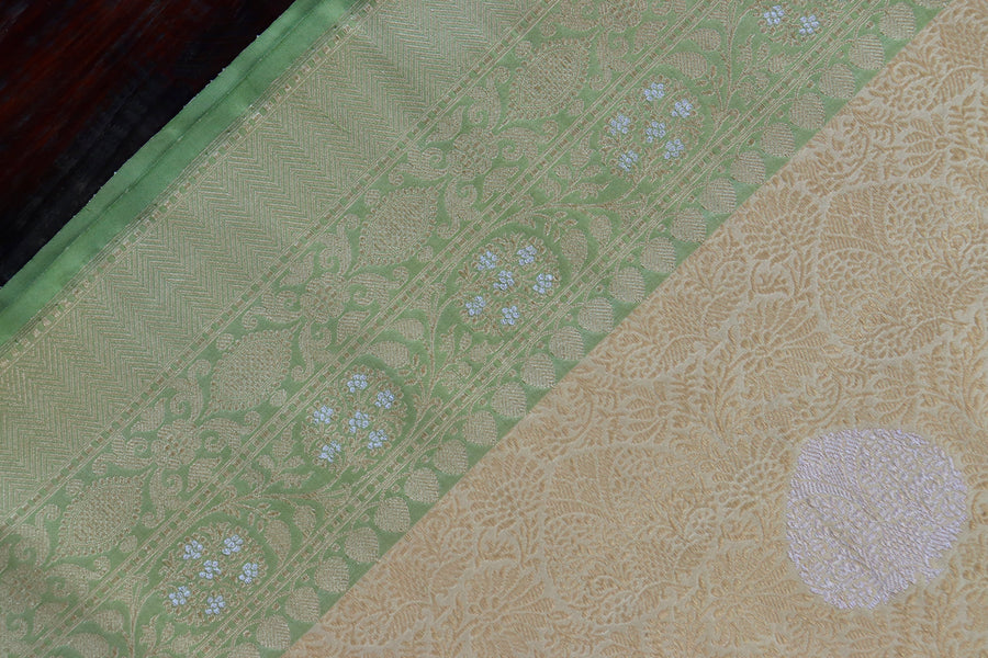 Pleat detail of Ivory & Green Tanchoi Banarasi saree