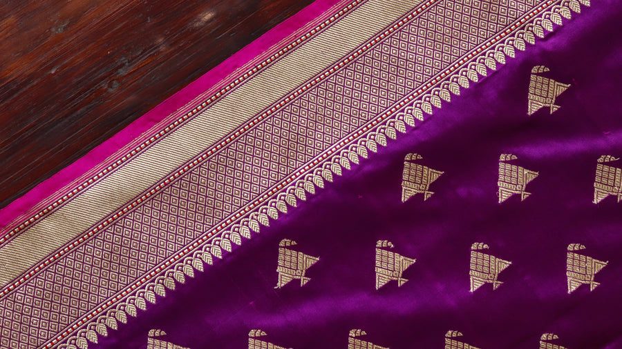 Rich Purple Kadhua Banarasi saree — pleat detail