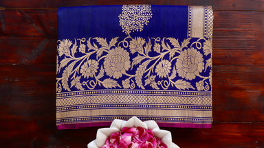 Handloom, Banarasi Handloom Saree, Alfi Saree, Tilfi Saree, Tilfi Saree Banaras, Tilfi, Banarasi Bunkar, Banarasi Bridal Wear, BridalWear, Banarasi Handloom Banarasi Royal Blue Pure Tussar Silk Handloom Banarasi Saree Banarasi Saree