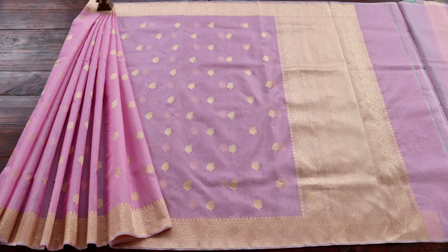 Border close-up on Pink Kairy Buti pure Kora silk Banarasi saree