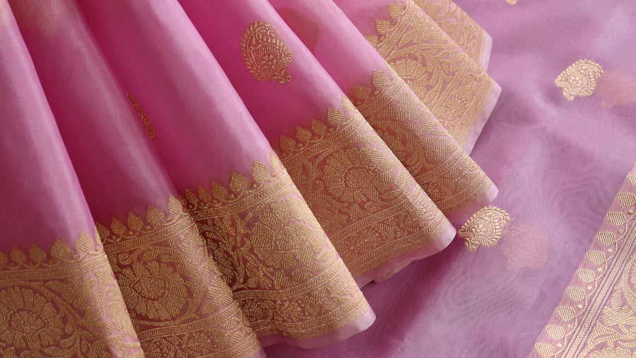 Pallu detail of Pink Kairy Buti pure Kora silk handloom Banarasi saree