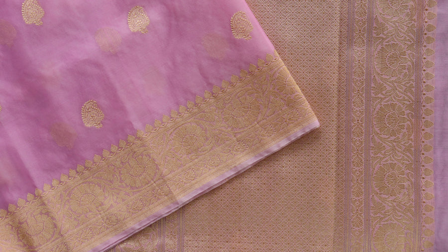 Full drape of Pink Kairy Buti pure Kora silk Banarasi handloom saree