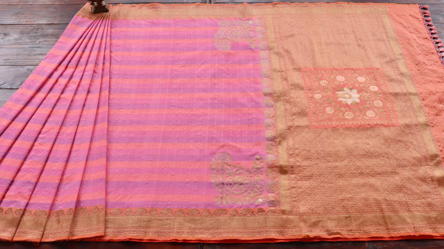 Border close-up on Multicolor Kadhua silk Banarasi saree with antique zari
