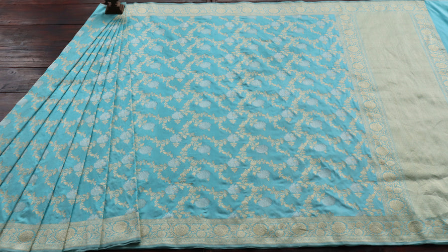 Sky Blue Jangla Banarasi saree — border close-up