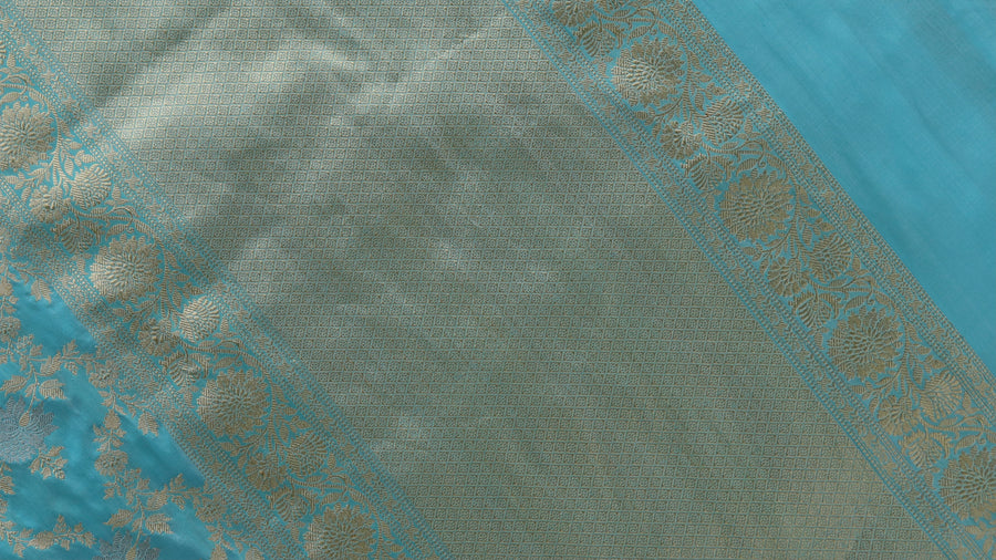 Sky Blue Jangla Banarasi saree — fabric texture