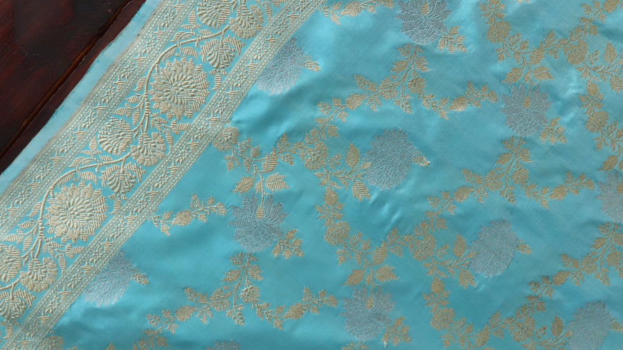 Sky Blue Jangla Banarasi saree — pleat detail
