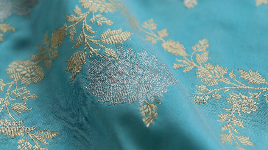 Sky Blue Jangla Banarasi saree — aanchal motif