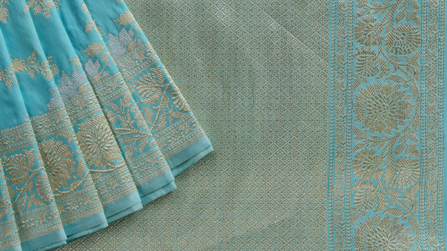 Sky Blue Jangla Banarasi saree — colour close-up